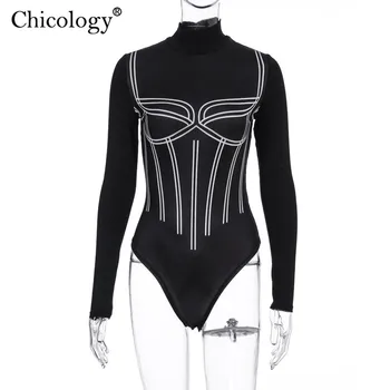 Chicology ilgomis rankovėmis juostele bodysuit moterų sexy streetwear kūno 2019 metų rudens žiemos drabužių moterų black vienos dalies sexy apranga