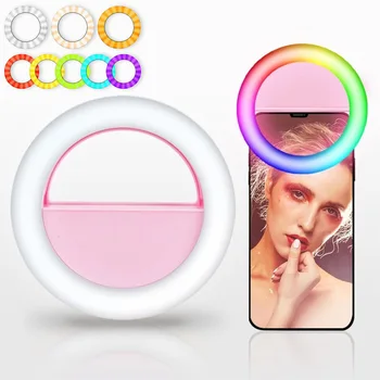 Clip-on RGB Mobiliojo Telefono Selfie Žiedas Šviesos diodų (LED Įvairių spalvų Fotografija Žiedas Lempos Makiažas Ringlight už Telefoną, Tabletės 
