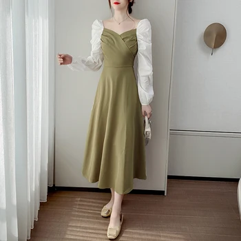 COIGARSAM Mados Kratinys Moterų one-piece suknelė korėjos Naują Pavasario Visą Rankovėmis Suknelės Žalia Juoda 5599