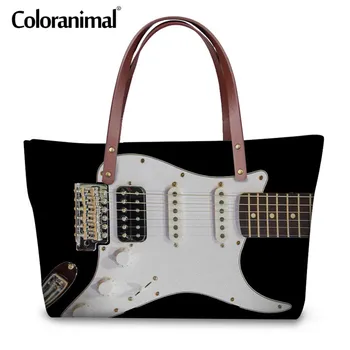 Coloranimal Muzikos Įrašus Moterų Laisvalaikio Rankinės, Prekės ženklą, Dizainą, Prabangos Moters Didelės Talpos Shopper Bag Derliaus 3D Gitara Spausdinti Krepšys