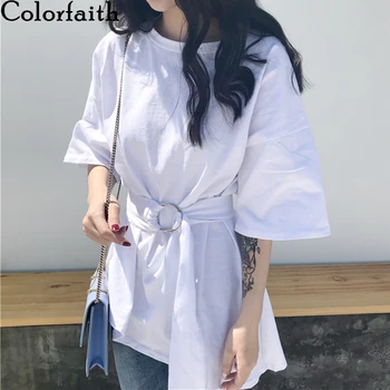 Colorfaith Naujų 2020 M. Moteris Vasaros Marškinėliai Kieto Kelių Spalvų Dugno Įvarstyti Atsitiktinis Korėjos Stilius Laisvas Hem Nereguliarus Viršūnes T313