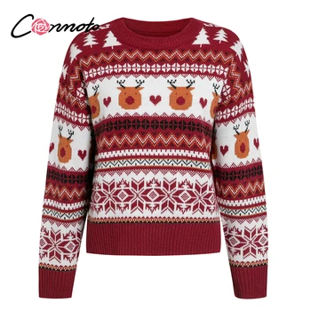 Conmoto Priežastinis raudona rudens žiemos kalėdų džemperis Gyvūnų dizainas ilgomis rankovėmis moteriška traukti femme, Mados o-kaklo megzti megztinis