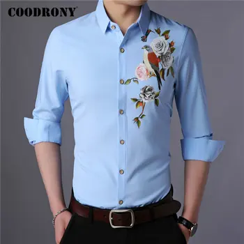 COODRONY Prekės Marškinėliai Vyrams Kinų Stiliaus Gėlių Siuvinėjimas Mens Marškinėliai Pavasarį, Rudenį Atsitiktinis ilgomis Rankovėmis Chemise Homme Camisa C6070