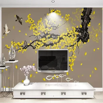 Custom Sienos ClothHand-dažytos Ginkgo Pen Gėlės Ir Paukščiai Kinijos Sienų Tapetai Kambarį TV Namų Vandeniui Apdaila