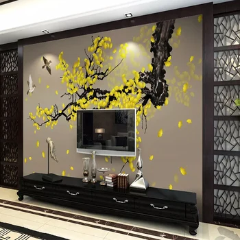 Custom Sienos ClothHand-dažytos Ginkgo Pen Gėlės Ir Paukščiai Kinijos Sienų Tapetai Kambarį TV Namų Vandeniui Apdaila