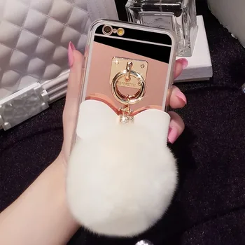 Cute Bunny Plaukų Pūkas Pompom Keychain Kailio Telefono dėklas Galinį Dangtelį Su Veidrodžiu už iPhone11 12 pro max X XS MAX 5S 6 6PLUS 7 8 PLIUS