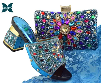 Dangus Mėlynas Naują Atvykimo italijos dizaino Moteriški Bateliai ir Pagalvių Rinkinys su vestuvių avalynė ir rankinės Moterims, nigerija maišelį ir batų rinkinys