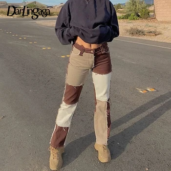 Darlingaga Streetwear Kratinys Kutas Y2K Moteris, Džinsai Tiesūs Atsitiktinis Kontrasto Spalvų Ilgai Džinsinio audinio Kelnės Derliaus Rudenį Džinsai Slim