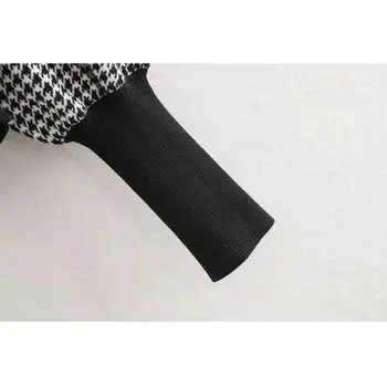 Derliaus sluoksniuotos rankovėmis juoda balta traukti skara megztinis moterims puloveriai atsitiktinis o kaklo houndstooth megzti megztinis kawaii viršūnes žiemą