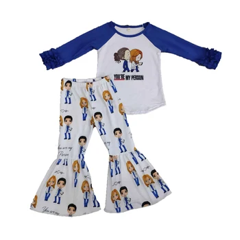 Didmeninė/mažmeninė prekyba, animacinį personažą komplektus baby girl mielas laiškas viršūnes+flare kelnės 2 vnt rinkinys vaikas rudens apranga