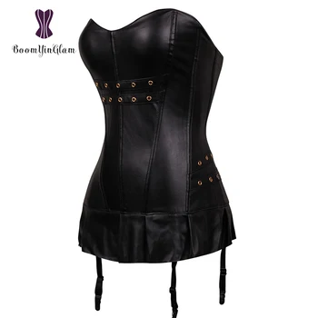 Didmeninė moterims, apatinis trikotažas moteriškas apatinis trikotažas, zip pusėje dizaino bustier ilgai corselet juodos dirbtiniais odinis korsetas suknelė su g-string 9002#