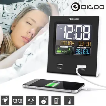 Digoo DG-C3X Dual Signalizacijos Atidėti Laikrodis Kalendorius +2 USB LED Apšvietimas Temperatūros, Drėgmės, Oro Stotis 12hr/24 val