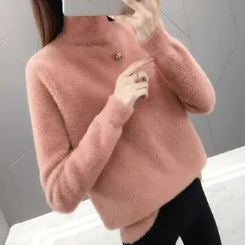Dirbtiniais audinės kailio Rudens žiemos naujas pusė-aukšta apykakle ilgomis rankovėmis net raudonas megztinis (puloveris laisvas megztinis moterų dugno marškinėliai