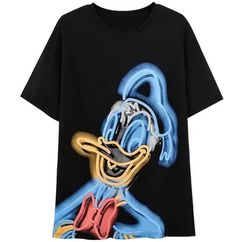 Disney Marškinėliai Mickey Mouse Daisy Duck Animacinių Filmų Spausdinti Moterys, Medvilnės Marškinėliai Trumpomis Rankovėmis Streetwear O-Kaklo Megztinis Prarasti Tee Viršūnės