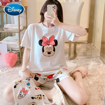 Disney Mickey Minnie Moterų Pižama Nustatyti Vasaros Mielas Animacinių Filmų Trumpas Sleepwear Merginos Patogiai Namuose Drabužiai