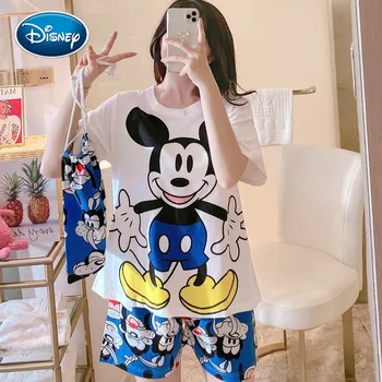 Disney Mickey Minnie Moterų Pižama Nustatyti Vasaros Mielas Animacinių Filmų Trumpas Sleepwear Merginos Patogiai Namuose Drabužiai