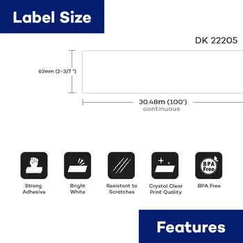 DK22205 Terminio Popieriaus Roll Pristatymas Etiketės 62mm*30.48 m Suderinama Brolis QL Etikečių Spausdintuvai DK-22205