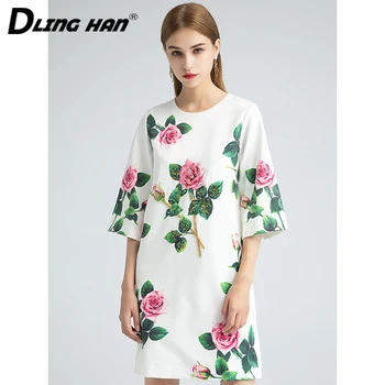 DLINGHAN Elegantiškas rožių Gėlių Spausdinti Prarasti Suknelė Moterų Blizgančiais Diamond Duobute Slim Mini Suknelės Dizaineris rudens Pradžioje Naujas
