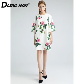 DLINGHAN Elegantiškas rožių Gėlių Spausdinti Prarasti Suknelė Moterų Blizgančiais Diamond Duobute Slim Mini Suknelės Dizaineris rudens Pradžioje Naujas
