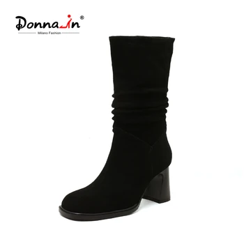 Donna-į Obcasie Moterų Vidurio Blauzdos Batai Aikštėje Kulno Verstos Odos 2020 M. Rudenį Moterų Batai ponios mados elegantiškas tampri batai