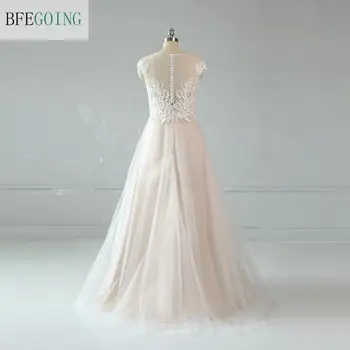 Dramblio kaulo Nėrinių Stebėjimo Bridal-gown Grindų-Ilgis A-line Wedding suknelė Mygtukai Užsakymą Realus Nuotraukas/ Paveikslėlius