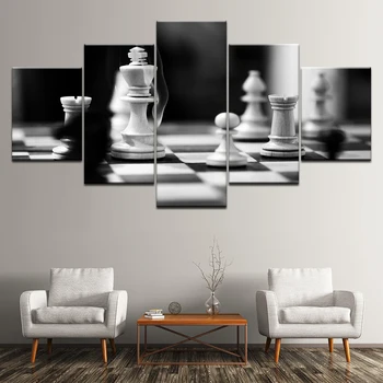 Drobė Nuotraukas Kambarį Dekoro 5 vnt Juodas Ir Baltas Šachmatų Paveikslų HD Spaudinių Žaidimas Plakatai Modulinės Sienos Meno Pagrindų