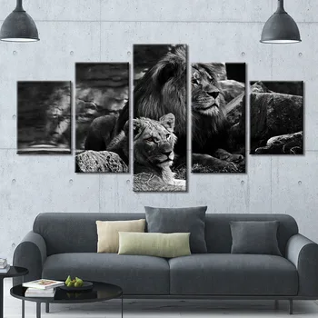 Drobė Sienos Menas Nuotraukas, 5 Gabalas Juodas Fonas liūtas Tapyba, Modernus Spaudinių Animas Plakatas Namų Dekoro Iliustracijos