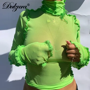 Dulzura Kratinys Moterų Tinklinio Marškinėliai Vien Ilgomis Rankovėmis Golfo Matyti Per Pasėlių Viršuje Bodycon Seksualus Streetwear 2020 M. Rudenį Klubas