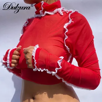 Dulzura Kratinys Moterų Tinklinio Marškinėliai Vien Ilgomis Rankovėmis Golfo Matyti Per Pasėlių Viršuje Bodycon Seksualus Streetwear 2020 M. Rudenį Klubas