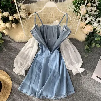 Džinsinio Audinio Suknelė 2020 Pynimas Džinsai Suknelė Moterų Nusimesti Peties Suknelės Akių Kratinys Ilgomis Rankovėmis Drabužius Korėjos Mielas Kawaii Lolita