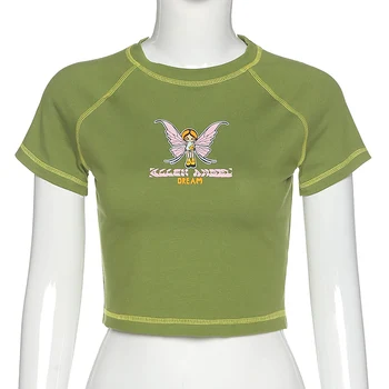 E-mergaitė Drugelis Grafikos ir Raidė Spausdinimo Dygsnio Žalia Apkarpyti Viršūnes Y2K Vasaros Grunge Stiliaus O-kaklo trumpomis Rankovėmis marškinėliai