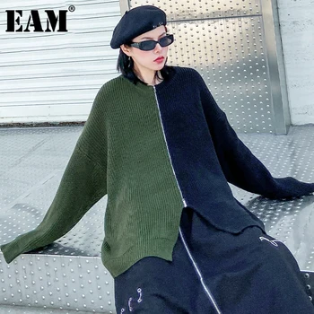 [EAM] Kontrasto Spalvų Didelis Dydis Mezgimo Cardigan Megztinis Loose Fit O-Kaklo, ilgomis Rankovėmis Moterys Naujas Mados Rudens-Žiemos 2021 1DC354