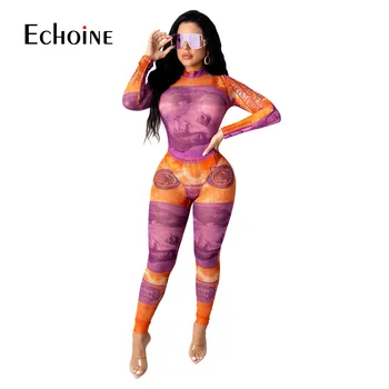 Echoine moterų sexy JAV dolerio spausdinimo rinkinys ilgomis rankovėmis jumpsuit & pieštuku kelnes Dviejų dalių Komplektas Šalies klubą Rompers bodysuit Apranga