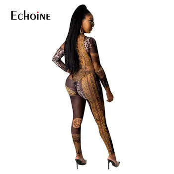Echoine moterų sexy JAV dolerio spausdinimo rinkinys ilgomis rankovėmis jumpsuit & pieštuku kelnes Dviejų dalių Komplektas Šalies klubą Rompers bodysuit Apranga