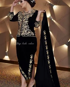 Elegantiška Juodos Ilgomis Rankovėmis Karakou Apranga Undinė Vakarinę Suknelę Aukso Appliques Musulmonų Oficialų Prom Chalatai Vestidos De Gala