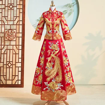 Elegantiška Siuvinėjimas Cheongsam Kinijos Vintage Stiliaus Moteris Qipao Lady Phoenix Satino, Nuotaka, Vestuvinė Suknelė, Santuokos Suknelė Tiktų