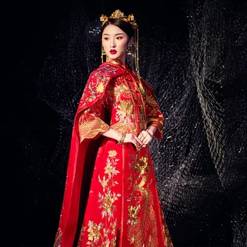 Elegantiška Siuvinėjimas Cheongsam Kinijos Vintage Stiliaus Moteris Qipao Lady Phoenix Satino, Nuotaka, Vestuvinė Suknelė, Santuokos Suknelė Tiktų