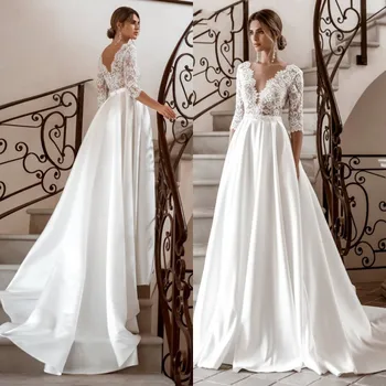 Elegantiškas Long Sleeve Lace Vestuvių Suknelės V-Kaklo Satin A-Line 2020 vestido de novia Nuotakos Suknelė Rudenį Naujų Senovinių Paprasta