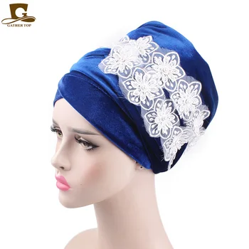Elegantiškas moteris 3D puošnios gėlės hijab skarelė galvos wrap ilgai Gėlių aksomo turbaną Skarelės