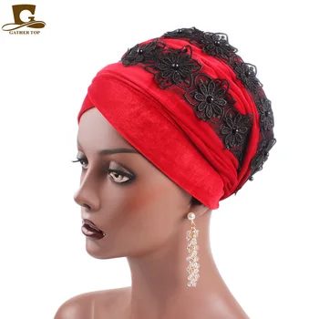 Elegantiškas moteris 3D puošnios gėlės hijab skarelė galvos wrap ilgai Gėlių aksomo turbaną Skarelės