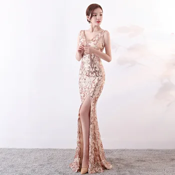 Elegantiškas Moteris Rose Gold China Mados Suknelės Seksualus V-Kaklo, Rankovių Pusėje Ritininės Ilgai Undinė Slim Celebrity Club Šalis Suknelė XL