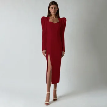 Elegantiškas Padalinta Ilga Suknelė Moterims Seksualus Ilgomis Rankovėmis Suknelės Bodycon Patenka Nauji Slim Šalies Klubas Juoda Raudona Balta Suknelės Vestidos