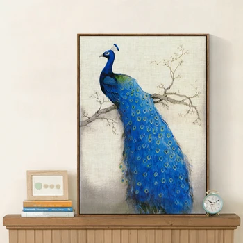 Elegantiškas Poezijos Retro Stiliaus Blue Peacock Stovi Ant Medžio A4 Formato Drobė Meno Tapybos Spausdinti Plakato Nuotrauką Sienos Elegantiškas Namų Dekoro