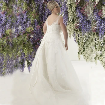 Elegantiškas Scoop Rankovių Plius Dydis Vestuvių Suknelės A-line Bridal Gown 2020 Chalatas de Mariee Appliqued-line Nuotakos Suknelė