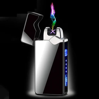Elektrinis Ekranas LED Dvigubo Kampo USB Žiebtuvėlis Metalo Plazmos Flameless Cigarečių Žiebtuvėliai Rūkymo Reikmenys Vyrų Dalykėlių Dovana