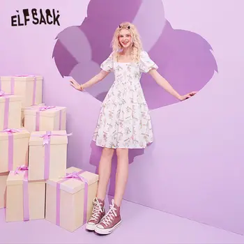 ELFSACK Balta Animacinių filmų Spausdinti Nėriniai Atgal Atsitiktinis Milkmaid Suknelė Moterų 2020 M. Vasarą ELF Derliaus Sluoksniuotos Rankovėmis korėjos Girly Kasdien Suknelės