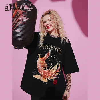 ELFSACK Black Phoenix Spausdinti Atsitiktinis Moterų Harajuku T-Shirt 2020 Metų Vasaros ELF Laišką Siuvinėjimo Pusė Rankovės korėjos Ponios Dienos Topai