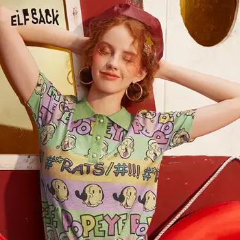 ELFSACK Daugiaspalvis Animacinis Spausdinti Atsitiktinis Moterų Šviesus T-Shirt 2020 Metų Vasaros ELF Derliaus Trumpas Rankovės korėjos Stiliaus Ponios Dienos Topai