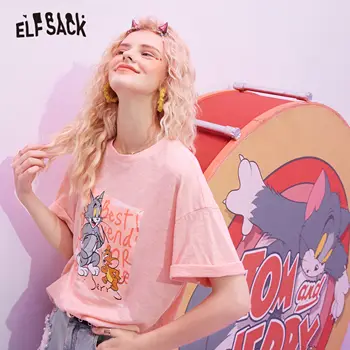 ELFSACK Harajuku Pink Cartoon Grafinis Spausdinti Atsitiktinis Marškinėliai Moterims 2020 Metų Vasaros ELF Mėlyna Trumpos Rankovės korėjos Ponios Kasdien Mielas Viršų