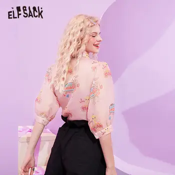 ELFSACK Pink Cartoon Print Single Prašmatnus Krūtinėmis Atsitiktinis Marškinėliai Moterims 2020 Metų Vasaros ELF Derliaus Žr.-Per korėjos Ponios Dienos Topai